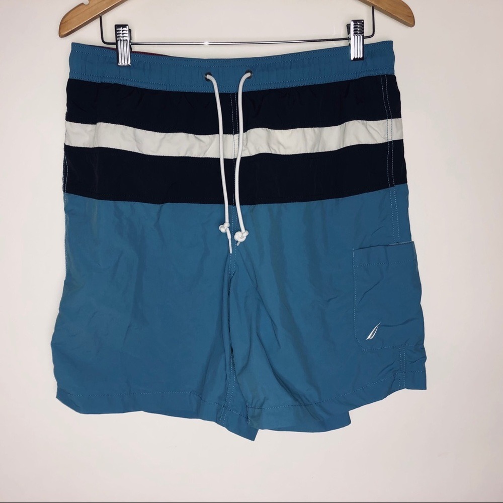 Nautica Men's Swim Trunks Large Blue White Beach Swim Vacation